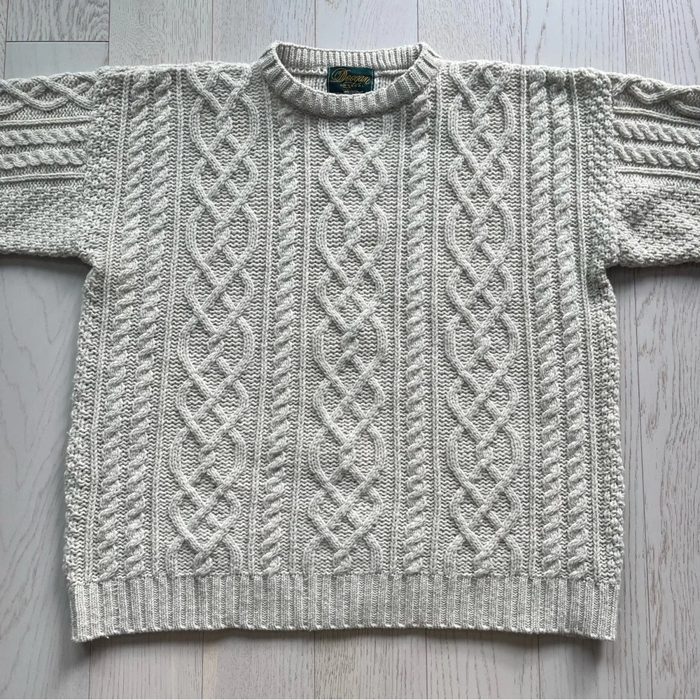 Vintage Doogan Donegal Cream 100% Wool Aran fisherman cable knit Irish sweater - Picture 7 of 13